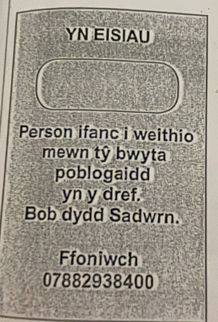 YN EISIAU 
Person ifanc i weithio 
mewn tỷ bwyta 
poblogaidd 
yn y dref. 
Bob dydd Sadwrn. 
foniwch
07882938400