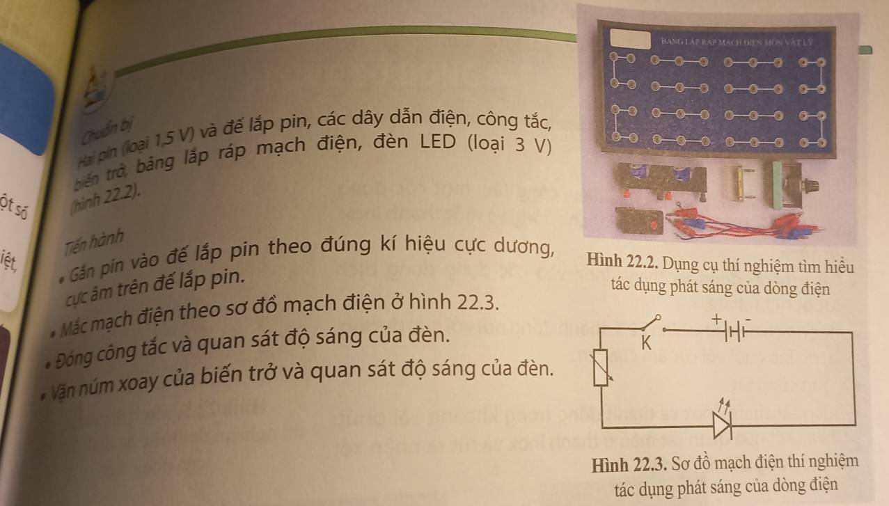 BANG LAP RAP MACH ĐIEN MON VAT LS 
a 0 o ○ 0 0
0 o 0 0 
Chuẩn bị 
Hai pin (loại 1,5 V) và để lắp pin, các dây dẫn điện, công tắc, 
○ ○
0 0 o 
biến trở, bảng lắp ráp mạch điện, đèn LED (loại 3 V) 0- 
ột số (hình 22.2). 
Tiến hành 
* Gán pin vào đế lắp pin theo đúng kí hiệu cực dương, 
iệt Hình 22.2. Dụng cụ thí nghiệm tìm hiều 
cực âm trên đế lắp pin. 
tác dụng phát sáng của dòng điện 
* Mác mạch điện theo sơ đồ mạch điện ở hình 22.3. 
* Đóng công tắc và quan sát độ sáng của đèn. 
Văn núm xoay của biến trở và quan sát độ sáng của đèn. 
Hình 22.3. Sơ đồ mạch điện thí nghiệm 
tác dụng phát sáng của dòng điện