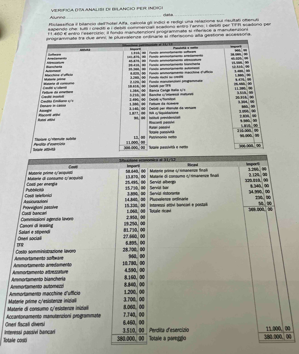 Risolto:VERIFICA DTA ANALISI DI BILANCIO PER INDICI Alunno_ data ...