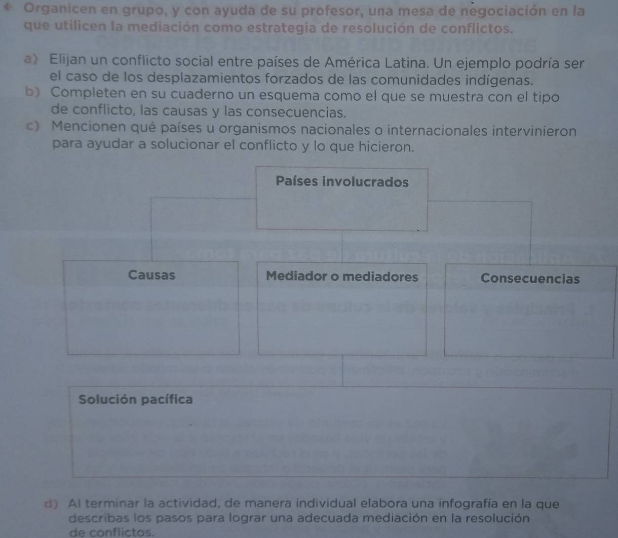 Organicen en grupo, y con ayuda de su profesor, una mesa de negociación en la 
que utilicen la mediación como estrategia de resolución de conflictos. 
a) Elijan un conflicto social entre países de América Latina. Un ejemplo podría ser 
el caso de los desplazamientos forzados de las comunidades indígenas. 
b) Completen en su cuaderno un esquema como el que se muestra con el tipo 
de conflicto, las causas y las consecuencias. 
c) Mencionen qué países u organismos nacionales o internacionales intervinieron 
para ayudar a solucionar el conflicto y lo que hicieron. 
Países involucrados 
Causas Mediador o mediadores Consecuencias 
Solución pacífica 
d) Al terminar la actividad, de manera individual elabora una infografía en la que 
describas los pasos para lograr una adecuada mediación en la resolución 
de conflictos.