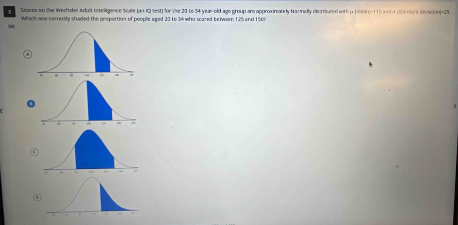 Scores on the Wechsler Adult Intelligence Scale (an IQ test) for the 20 to 34 year-old age group are approximately Normally distributed with mu (mean)=110 and σ (standard deviation) =25.
Which one correctly shaded the proportion of people aged 20 to 34 who scored between 125 and 150?
(a)
A