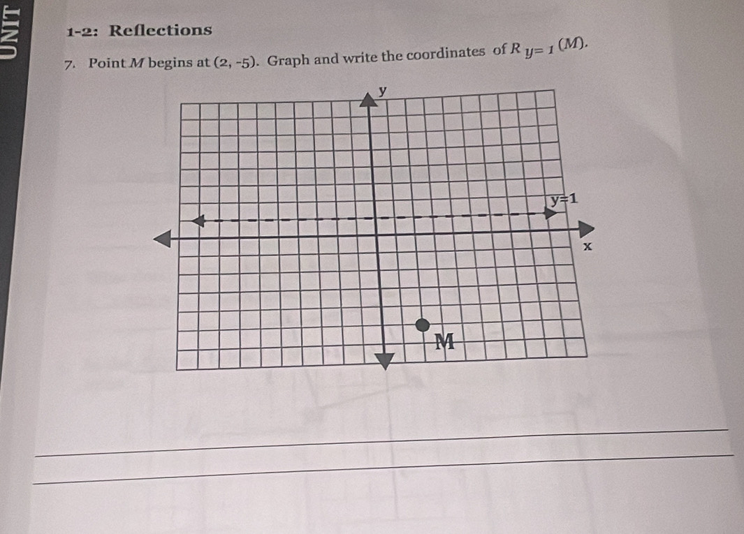 1-2: Reflections
7. Point M begins at (2,-5). Graph and write the coordinates of R_y=1(M).