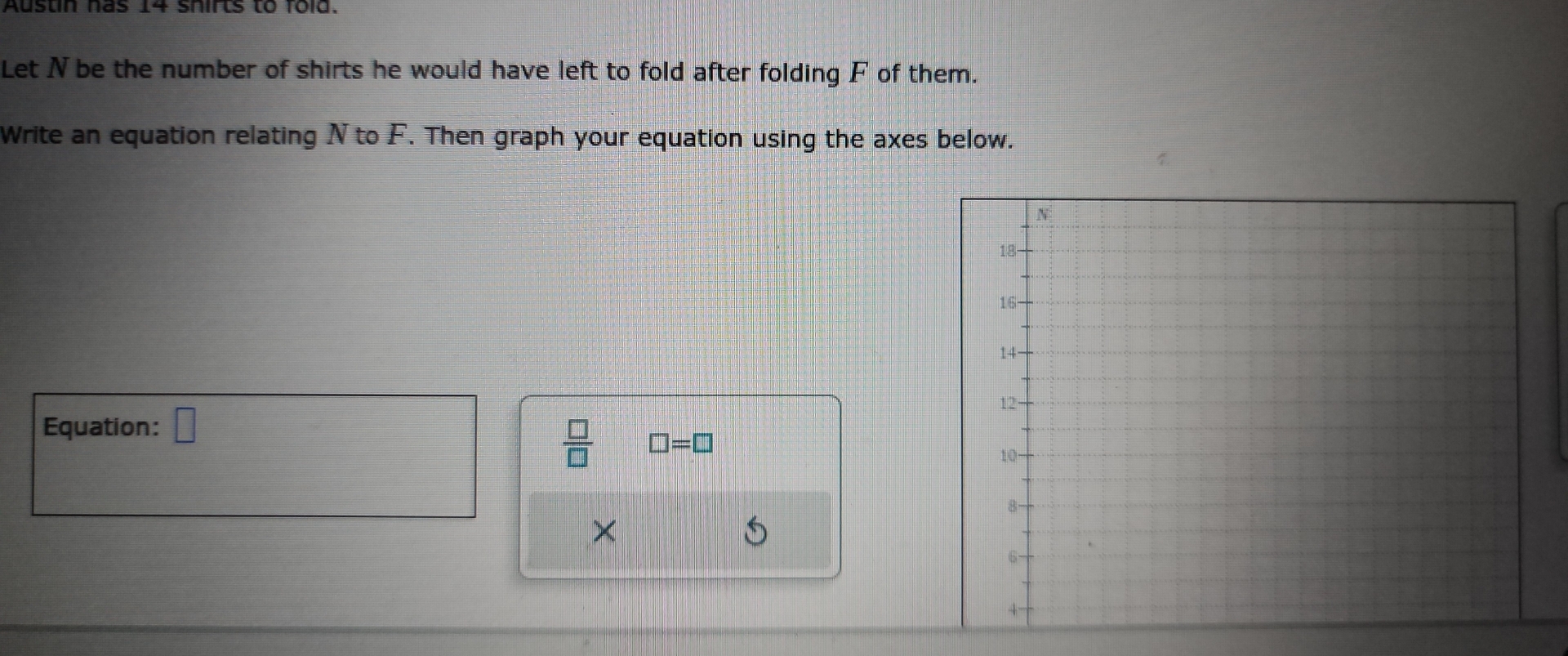 Austin has 14 shirts to fold. 
Let Nbe the number of shirts he would have left to fold after folding F of them. 
Write an equation relating N to F. Then graph your equation using the axes below. 
Equation: □
 □ /□   □ =□
×