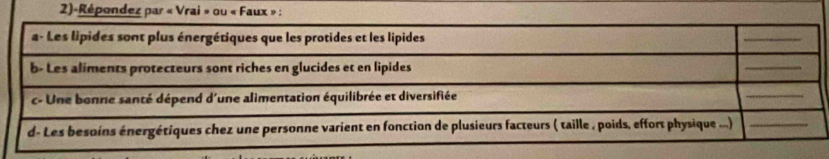 2)-Répondez par * « Vrai » ou « Faux »