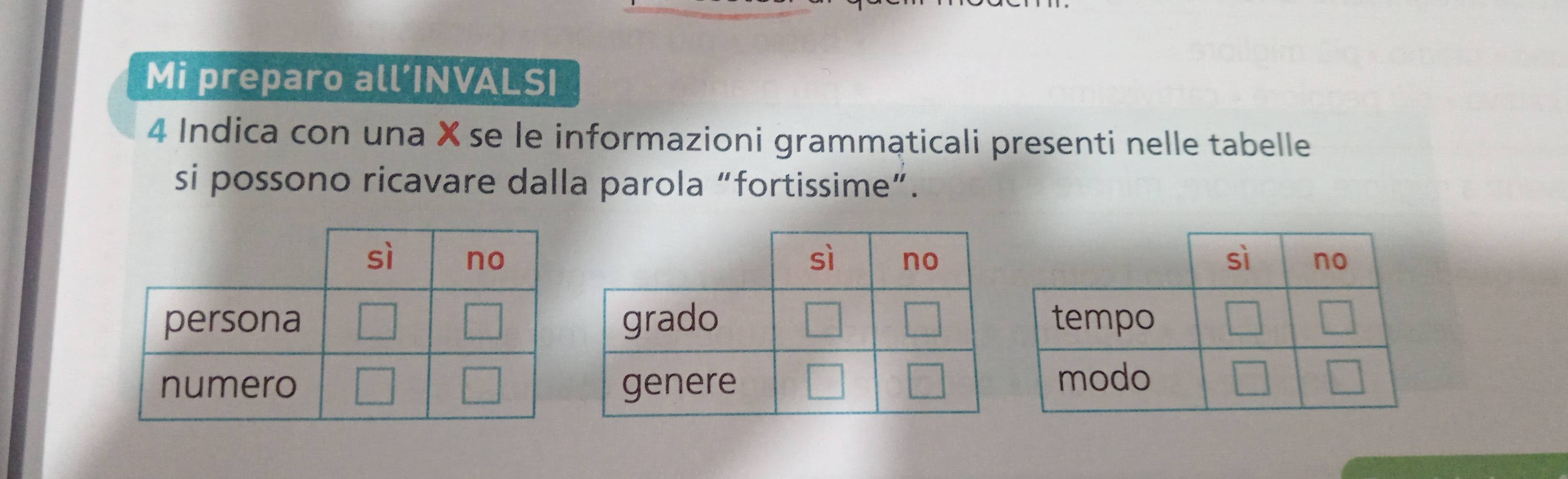 Mi preparo all’INVALSI 
4 Indica con una × se le informazioni grammaticali presenti nelle tabelle 
si possono ricavare dalla parola “fortissime”.