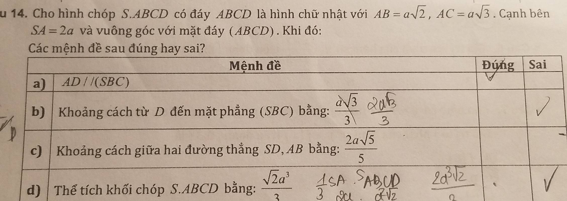 Cho hình chóp S.ABCD có đáy ABCD là hình chữ nhật với AB=asqrt(2),AC=asqrt(3). Cạnh bên
SA=2a và vuông góc với mặt đáy (ABCD) . Khi đó:
Các mệnh đề sau đúng hay sai?