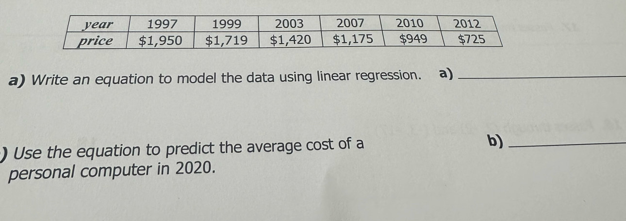 Write an equation to model the data using linear regression. a)_ 
) Use the equation to predict the average cost of a b)_ 
personal computer in 2020.