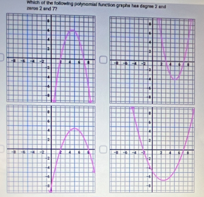 Which of the following polynomial function graphs has degree 2 and 
zaros 2 and 7?