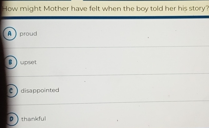 How might Mother have felt when the boy told her his story?
Aproud
B upset
Cdisappointed
Dthankful