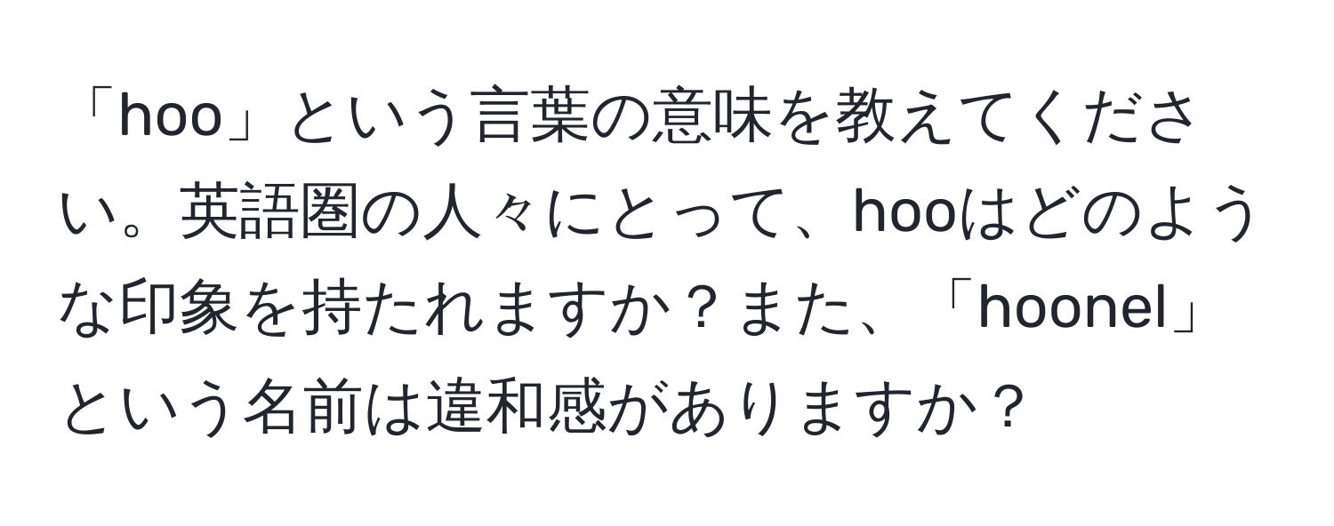 「hoo」という言葉の意味を教えてください。英語圏の人々にとって、hooはどのような印象を持たれますか？また、「hoonel」という名前は違和感がありますか？