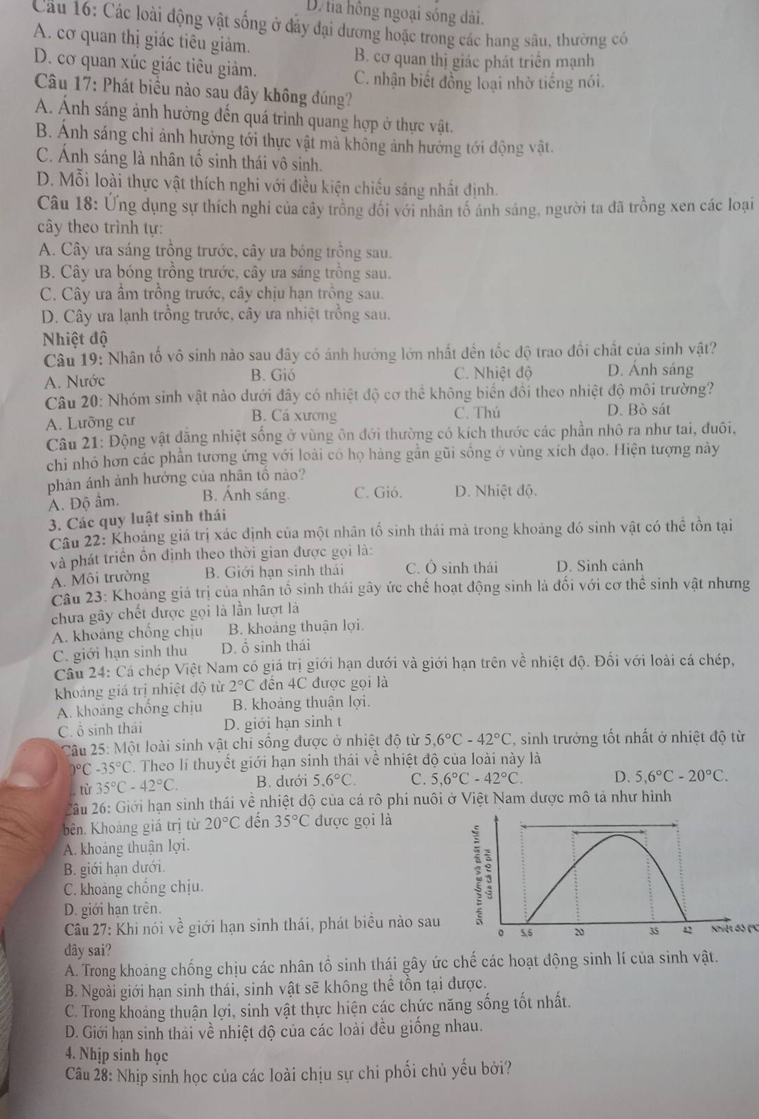 D tia hồng ngoại sóng dài.
Câu 16: Các loài động vật sống ở đảy đại dương hoặc trong các hang sâu, thường có
A. cơ quan thị giác tiêu giảm.
B. cơ quan thị giác phát triển mạnh
D. cơ quan xúc giác tiêu giảm.
C. nhận biết đồng loại nhờ tiếng nói.
Câu 17: Phát biểu nào sau đây không đúng?
A. Ánh sáng ảnh hưởng đến quá trình quang hợp ở thực vật.
B. Ảnh sáng chi ảnh hưởng tới thực vật mà không ảnh hưởng tới động vật.
C. Ánh sáng là nhân tố sinh thái vô sinh.
D. Mỗi loài thực vật thích nghi với điều kiện chiếu sáng nhất định.
Câu 18: Ứng dụng sự thích nghi của cây trồng đối với nhân tố ánh sáng, người ta đã trồng xen các loại
cây theo trình tự:
A. Cây ưa sáng trồng trước, cây ưa bóng trồng sau.
B. Cây ưa bóng trồng trước, cây ưa sáng trồng sau.
C. Cây ưa ẩm trồng trước, cây chịu hạn trồng sau.
D. Cây ưa lạnh trồng trước, cây ưa nhiệt trồng sau.
Nhiệt độ
Câu 19: Nhân tố vô sinh nào sau đây có ảnh hướng lớn nhất đến tốc độ trao đổi chất của sinh vật?
A. Nước B. Gió C. Nhiệt độ D. Ánh sáng
Câu 20: Nhóm sinh vật nào dưới đây có nhiệt độ cơ thể không biển đồi theo nhiệt độ môi trường?
B. Cá xương D. Bò sát
A. Lưỡng cư C. Thú
Câu 21: Động vật đăng nhiệt sống ở vùng ôn đới thường có kích thước các phần nhô ra như tai, đuôi,
chi nhỏ hơn các phần tương ứng với loài có họ hàng gần gũi sống ở vùng xích đạo. Hiện tượng này
phản ánh ảnh hưởng của nhân tổ nào?
Á. Độ âm.
B. Ánh sáng. C. Gió. D. Nhiệt độ.
3. Các quy luật sinh thái
Câu 22: Khoảng giá trị xác định của một nhân tố sinh thái mà trong khoảng đó sinh vật có thể tồn tại
và phát triển ồn định theo thời gian được gọi là:
A. Môi trường B. Giới hạn sinh thái C. Ô sinh thái D. Sinh cảnh
Câu 23: Khoảng giá trị của nhân tổ sinh thái gây ức chế hoạt động sinh là đối với cơ thể sinh vật nhưng
chưa gây chết được gọi là lần lượt là
A. khoảng chống chịu B. khoảng thuận lợi.
C. giới hạn sinh thu D. ổ sinh thái
Câu 24: Cá chép Việt Nam có giá trị giới hạn dưới và giới hạn trên về nhiệt độ. Đối với loài cá chép,
khoảng giá trị nhiệt độ từ 2°C đền 4C được gọi là
A. khoảng chống chịu B. khoảng thuận lợi.
C. ổ sinh thái D. giới hạn sinh t
Câu 25: Một loài sinh vật chi sống được ở nhiệt độ từ 5,6°C-42°C , sinh trưởng tốt nhất ở nhiệt độ từ
0°C-35°C. Theo lí thuyết giới hạn sinh thái về nhiệt độ của loài này là
. từ 35°C-42°C.
B. dưới 5.6°C. C. 5,6°C-42°C. D. 5,6°C-20°C.
2âu 26: Giới hạn sinh thái về nhiệt độ của cá rô phi nuôi ở Việt Nam được mô tả như hình
bên. Khoảng giá trị từ 20°C đến 35°C được gọi là
A. khoảng thuận lợi.
B. giới hạn dưới.
C. khoảng chống chịu.
D. giới hạn trên.
Câu 27: Khi nói về giới hạn sinh thái, phát biều nào sauhiệt đó ('
đây sai?
A. Trong khoảng chống chịu các nhân tổ sinh thái gây ức chế các hoạt động sinh lí của sinh vật.
B. Ngoài giới hạn sinh thái, sinh vật sẽ không thể tồn tại được.
C. Trong khoảng thuận lợi, sinh vật thực hiện các chức năng sống tốt nhất.
D. Giới hạn sinh thải về nhiệt độ của các loài đều giống nhau.
4. Nhịp sinh học
Câu 28: Nhịp sinh học của các loài chịu sự chi phối chủ yếu bởi?