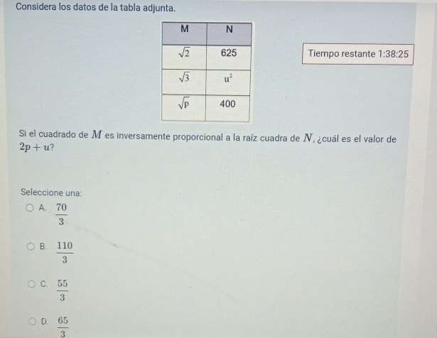 Considera los datos de la tabla adjunta.
Tiempo restante 1:38:25
Si el cuadrado de M es inversamente proporcional a la raíz cuadra de N, ¿cuál es el valor de
2p+u ?
Seleccione una:
A.  70/3 
B.  110/3 
C.  55/3 
D.  65/3 