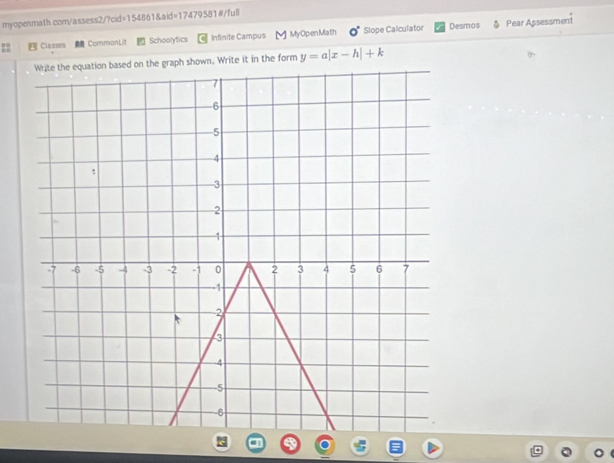 Classes CommonLit Schoolytics Infinite Campus MyOpenMath Slope Calculator Desmos Pear Assessment 
own, Write it in the form y=a|x-h|+k