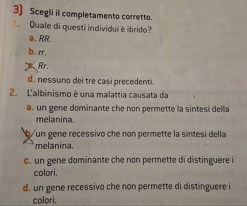 Scegli il completamento corretto.
Quale di questi individui è ibrido?
a. RR.
b. rr.
Rr.
d. nessuno dei tre casi precedenti.
2. Lalbinismo è una malattia causata da
a . un gene dominante che non permette la sintesi della
melanina.
un gene recessivo che non permette la sintesi della
melanina.
c. un gene dominante che non permette di distinguere i
colori.
d. un gene recessivo che non permette di distinguere i
colori.