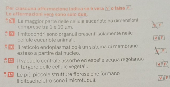 Per ciascuna affermazione indica se è vera ⓥo falsa Ⓕ.
Le affermazioni vere sono solo due.
La maggior parte delle cellule eucariote ha dimensioni
comprese tra 1 e 10 μm.
v F
9： I mitocondri sono organuli presenti solamente nelle
cellule eucariote animali.
V F
20 Il reticolo endoplasmatico è un sistema di membrane
F
esteso a partire dal nucleo.
Il vacuolo centrale assorbe ed espelle acqua regolando
il turgore delle cellule vegetali.
V F
12 Le più piccole strutture fibrose che formano
il citoscheletro sono i microtubuli.
V F