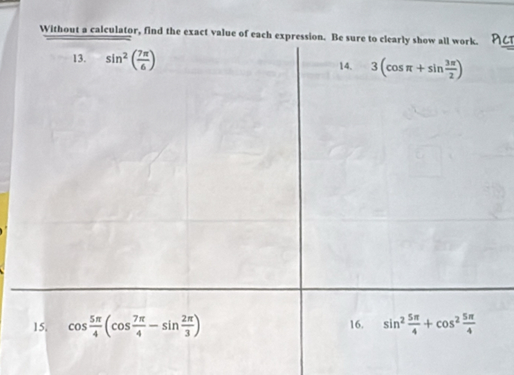 Without a calculator, find the exact valu