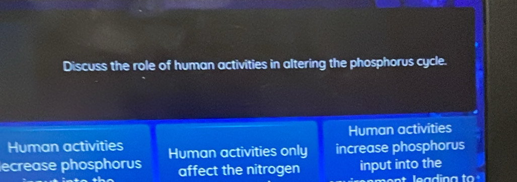 Discuss the role of human activities in altering the phosphorus cycle.
Human activities
Human activities
ecrease phosphorus Human activities only increase phosphorus
affect the nitrogen input into the
leadina to