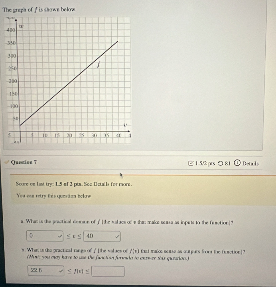 The graph of f is shown below. 
4 
Question 7 1.5/2 pts つ 81 o Details 
Score on last try: 1.5 of 2 pts. See Details for more. 
You can retry this question below 
a. What is the practical domain of ƒ [the values of v that make sense as inputs to the function]? 
0 sqrt() ≤ v≤ 40
b. What is the practical range of f [the values of f(v) that make sense as outputs from the function]? 
(Hint: you may have to use the function formula to answer this question.)
22.6≤ f(v)≤ □