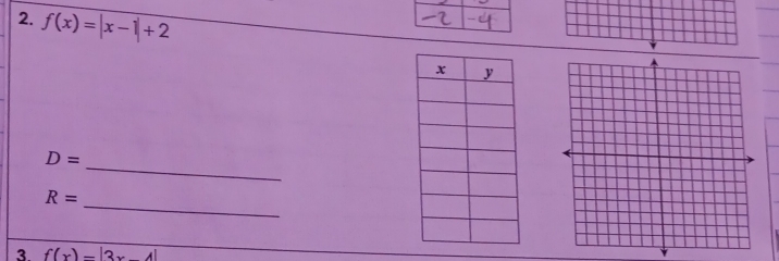 f(x)=|x-1|+2
_
D=
R= _ 
3 f(x)=|3x-