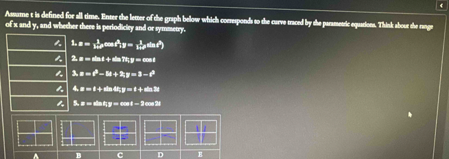 < 
Assume  t is defined for all time. Enter the letter of the graph below which corresponds to the curve traced by the parametric equations. Think about the range 
of x and y, and whether there is periodicity and or symmetry. 
1. x= 1/14t^2 cos t^2; y= 1/14t^2 sin t^2)
2. x=sin t+sin 7t; y=cos t
3. x=t^3-5t+2; y=3-t^2
4. x=t+sin 4t; y=t+sin 3t
5. x=sin t; y=cos t-2cos 2t
a B C D E