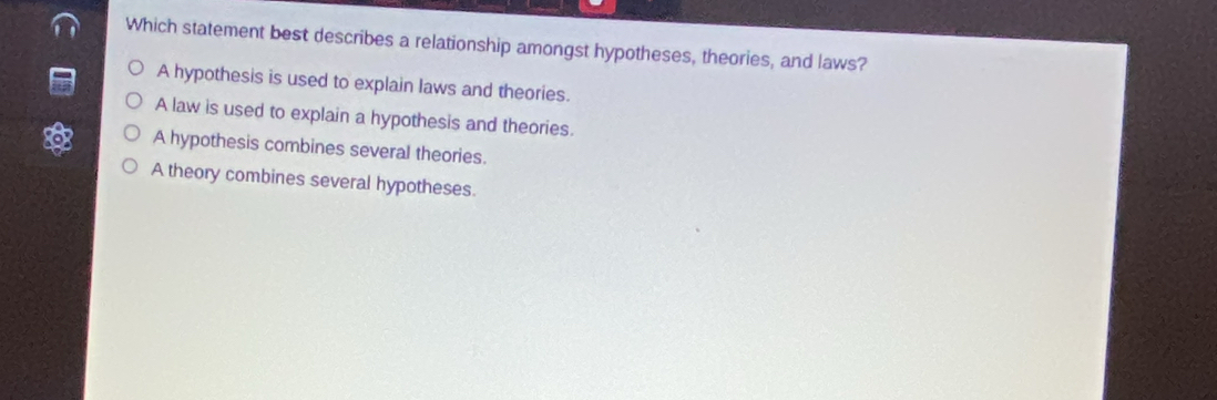 Which statement best describes a relationship amongst hypotheses, theories, and laws?
A hypothesis is used to explain laws and theories.
A law is used to explain a hypothesis and theories.
A hypothesis combines several theories.
A theory combines several hypotheses.