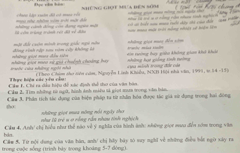 Đọc văn bản:    
những giọt mưa đên sớm
chưa lập xuán đã có mua rồi những giọi mua nóng nói ngày thơ
mụa nhẹ nhôm vốm trời một đất như lũ trẻ u a rồng rần nhau tinh nghịch
những cảnh đồng còn đang ngừa một  có ai biết sau mưa tuổi dậy thì của đất  4
lũ côn trùng tránh rét đã về đầu sau mưa một trời nồng nhiệt sẽ hiện lên
một đất cuộn mình trong giấc ngủ nâu những giọt mưa đến sớm
đồông rình rập sau vòm cây không là trước mùa xuân
những giọt mưa đầu tiên Xin tưởng bay giữa không gian khô khát
những giọt mưa sý giả chuênh choáng bay những hạt giống tinh tường
trước cửa những ngôi nhà cựa mình trong đất cát
(Theo Chùm thơ tiên cảm, Nguyễn Linh Khiếu, NXB Hội nhà văn, 1991, tr.14 -15)
Thực hiện các yêu cầu:
Cầu 1. Chỉ ra dấu hiệu đề xác định thể thơ của văn bản.
Câu 2. Tìm những từ ngữ, hình ảnh miêu tả giọt mưa trong văn bản.
Câu 3. Phân tích tác dụng của biện pháp tu từ nhân hóa được tác giả sử dụng trong hai dòng
thơ:
những giọt mưa nông nổi ngây thơ
như lũ trẻ u ơ rồng rắn nhau tinh nghịch
Câu 4. Anh/ chị hiểu như thế nào về ý nghĩa của hình ảnh: những giọt mưa đến sớm trong văn
bản.
Câu 5. Từ nội dung của văn bản, anh/ chị hãy bày tỏ suy nghĩ về những điều bất ngờ xảy ra
trong cuộc sống (trình bày trong khoảng 5-7 dòng).