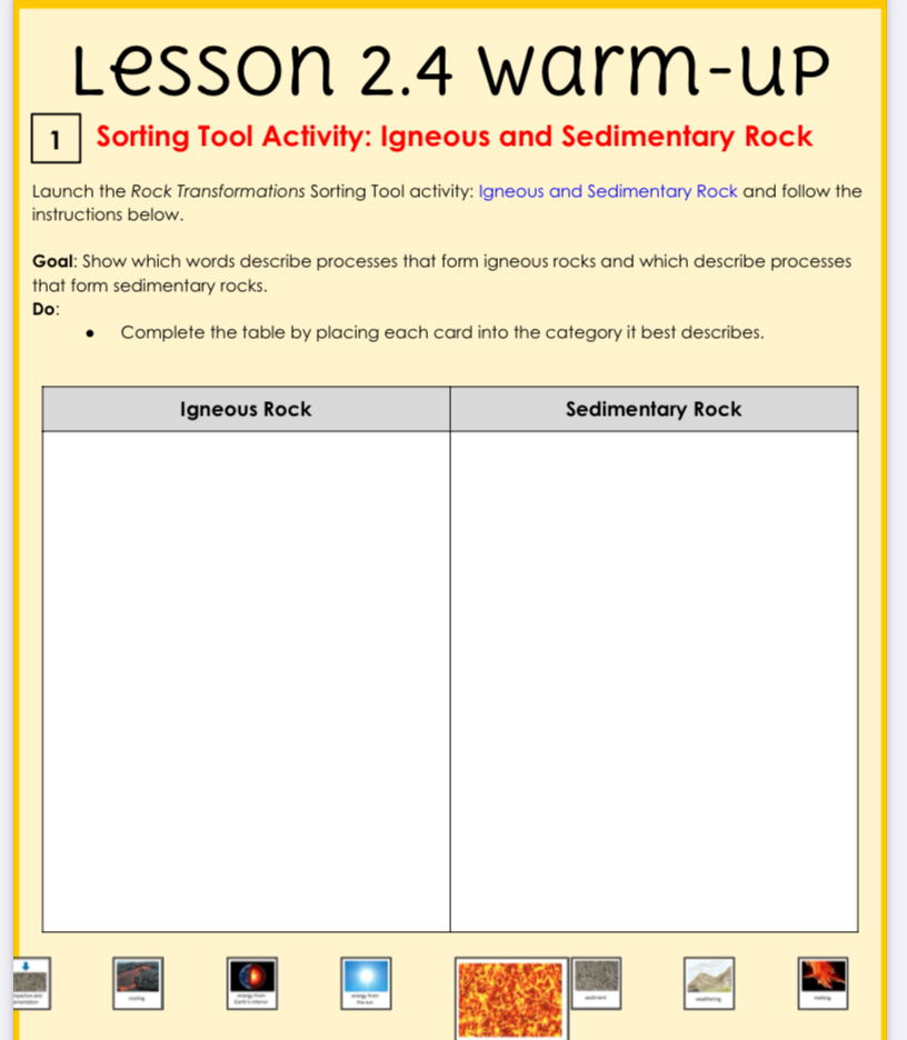 Lesson 2.4 Warm-up 
1 | Sorting Tool Activity: Igneous and Sedimentary Rock 
Launch the Rock Transformations Sorting Tool activity: Igneous and Sedimentary Rock and follow the 
instructions below. 
Goal: Show which words describe processes that form igneous rocks and which describe processes 
that form sedimentary rocks. 
Do: 
Complete the table by placing each card into the category it best describes. 
4 
=