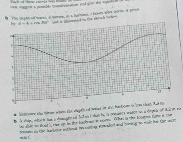 ach of these curves was tou 
case suggest a possible transformation and give the equatiol U 
8 The depth of water, a metres, in a harbour, r hours after noon, is given
d=4+cos 30t° and is ilhistrated in the sketch below. 
Estimate the times when the depth of water in the har 
b A ship, which has a draught of 3.2 m ( that is, it requires water to a depth of 3.2 m to 
be able to float ), ties up in the harbour at noon. What is the longest time it can 
remain in the harbour without becoming stranded and having to wait for the next 
tide !