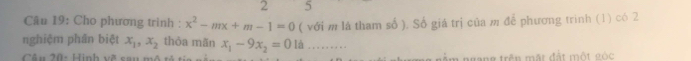 2 5
Câu 19: Cho phương trình : x^2-mx+m-1=0
nghiệm phân biệt x_1, x_2 thỏa mãn x_1-9x_2=0u ( với m là tham số ), Số giá trị của m để phương trình (1) có 2.........
Cân 2ã: Hinh vã cau m n n gang trên mặt đất một góc