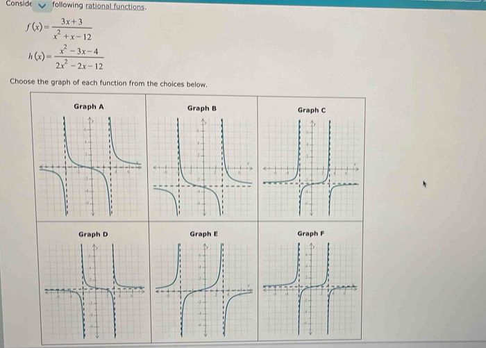 Conside following rational functions.
f(x)= (3x+3)/x^2+x-12 
h(x)= (x^2-3x-4)/2x^2-2x-12 
Choose the graph of each function from the choices below.