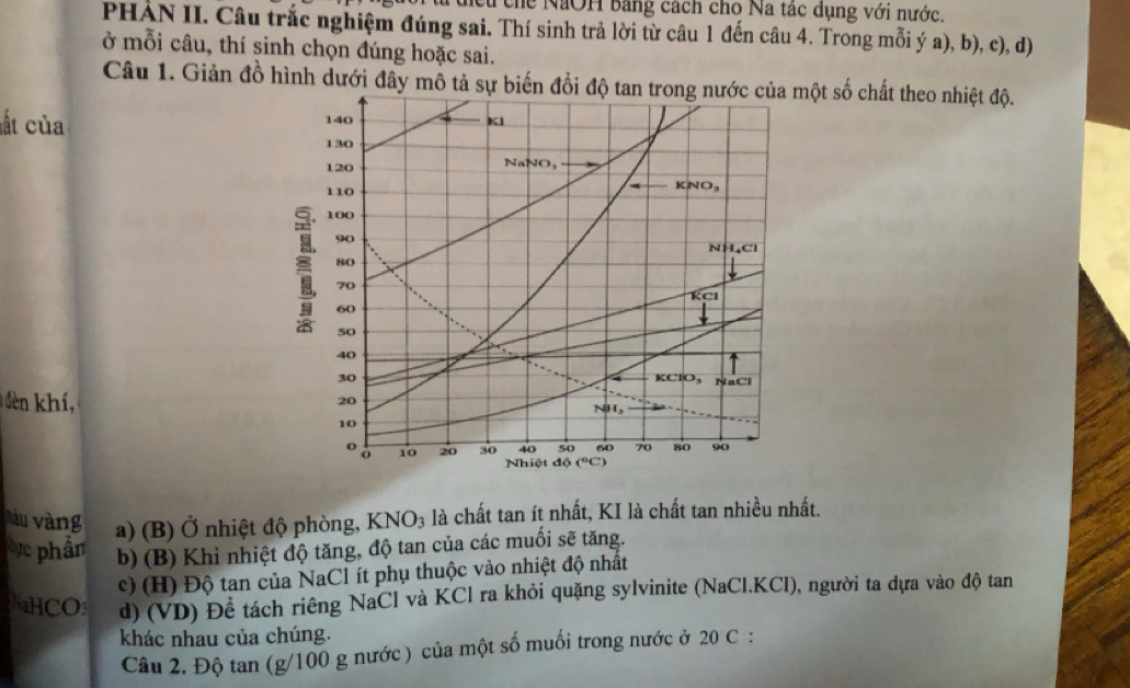 Mểu chế NaOH bằng cách cho Na tác dụng với nước.
PHẢN II. Câu trắc nghiệm đúng sai. Thí sinh trả lời từ câu 1 đến câu 4. Trong mỗi ý a), b), c), d)
ở mỗi câu, thí sinh chọn đúng hoặc sai.
Câu 1. Giản đồ hình dưới đây mô tả sự biến đổi độ tan trong nước của một số chất theo nhiệt độ.
ất của
140 Kl
130
120 NaNO,
110
KNO_3
100
90
N LCl
80
70
KCl
60
50
40
30 KClO, NaCl
20
èn khí, NH,
10
0 20 30 40 50 60 70 80 90
10
Nhiệt độ (^circ C)
làu vàng a) (B) Ở nhiệt độ phòng, K NO_3 là chất tan ít nhất, KI là chất tan nhiều nhất.
tực phần b) (B) Khi nhiệt độ tăng, độ tan của các muối sẽ tăng.
c (H) Độ tan của NaCl ít phụ thuộc vào nhiệt độ nhất
NaHCO: d) (VD) Để tách riêng NaCl và KCl ra khỏi quặng sylvinite (NaCl. KCl), người ta dựa vào độ tan
khác nhau của chúng.
Câu 2. Độ tan (g/100 g nước ) của một số muối trong nước ở 20 C :