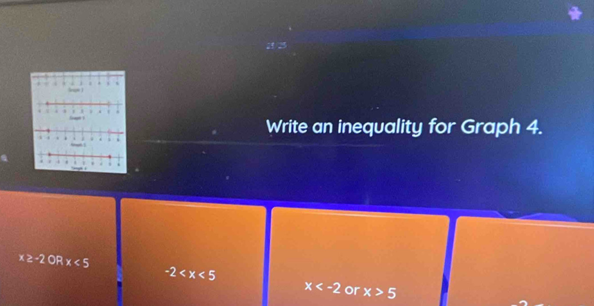 Write an inequality for Graph 4.
x≥ -20 P x<5</tex>
-2
x or x>5