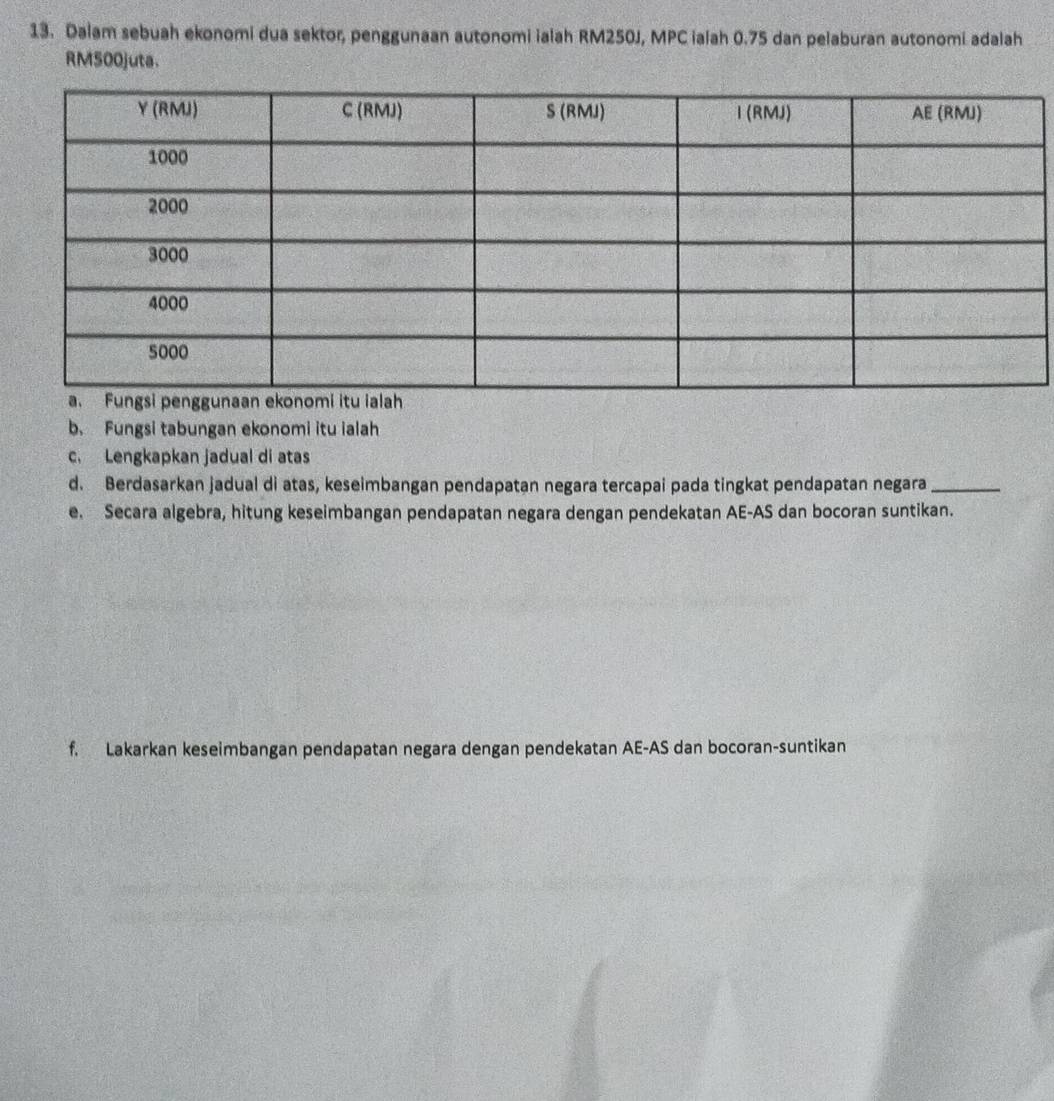 Dalam sebuah ekonomi dua sektor, penggunaan autonomi ialah RM250J, MPC ialah 0.75 dan pelaburan autonomi adalah
RM500juta. 
b. Fungsi tabungan ekonomi itu ialah 
c. Lengkapkan jadual di atas 
d. Berdasarkan jadual di atas, keseimbangan pendapatan negara tercapai pada tingkat pendapatan negara_ 
e. Secara algebra, hitung keseimbangan pendapatan negara dengan pendekatan AE-AS dan bocoran suntikan. 
f. Lakarkan keseimbangan pendapatan negara dengan pendekatan AE -AS dan bocoran-suntikan