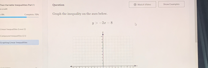 Two Variable Inequalities Part 1 Question , Watch Video Show Examples 
e credit 
:0% Complete: 73% Graph the inequality on the axes below.
y>-2x-8
Linear Inequalities (Level 2) 
Compound Inequalities (1,1)
Graphing Linear Inequalities