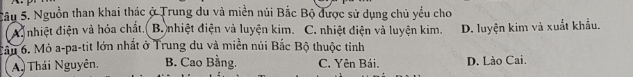 Sâu 5. Nguồn than khai thác ở Trung du và miền núi Bắc Bộ được sử dụng chủ yếu cho
A. nhiệt điện và hóa chất. B. nhiệt điện và luyện kim. C. nhiệt điện và luyện kim. D. luyện kim và xuất khẩu.
Cầu 6. Mỏ a-pa-tit lớn nhất ở Trung du và miền núi Bắc Bộ thuộc tỉnh
A Thái Nguyên. B. Cao Bằng. C. Yên Bái. D. Lào Cai.