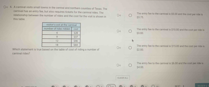 A carnival visits small towns in the central and northern counties of Texas. The
carnival has an entry fee, but also requires tickets for the camival rides. The The entry fee to the carnival is $5.00 and the cost per ride is
relationship between the number of rides and the cost for the visit is shown in
this table. $3.75.
The entry fee to the carnival is $10.00 and the cost per ride is
$3.00.
The entry fee to the carnival is $15.00 and the cost per ride is
Which statement is true based on the table of cost of riding a number of $2.00.
carnival rides?
The entry fee to the carnival is $6.00 and the cost per ride is
$4.00.
CLEAR ALL
NEXT REVIEW & S