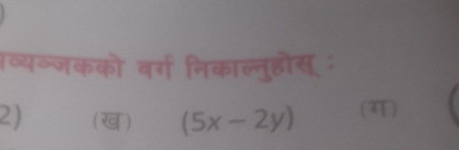 व्यव्जकको वर्ग निकाल्नुहोस: 
2) (ख) (5x-2y) (ग)