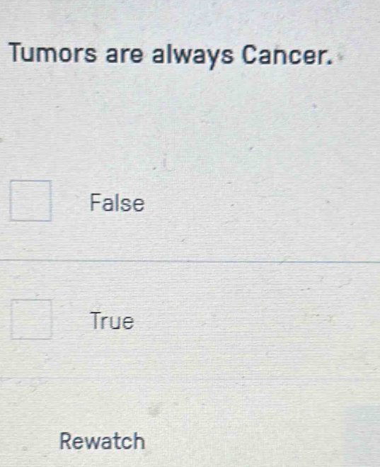 Tumors are always Cancer.
False
True
Rewatch