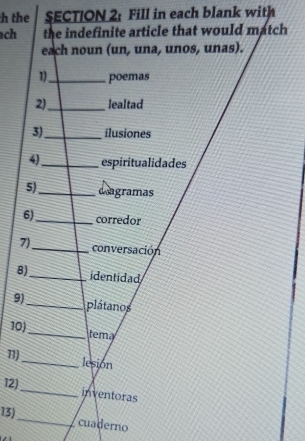 the SECTION 2: Fill in each blank with 
chh 
7 
8 
9 
10 
11)_ 
12)_ 
_ 
13) 
cuaderno