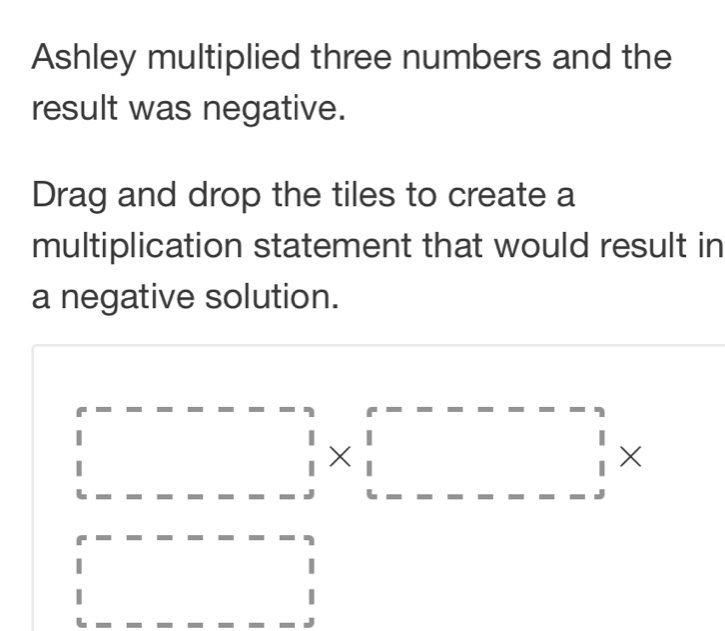 Ashley multiplied three numbers and the 
result was negative. 
Drag and drop the tiles to create a 
multiplication statement that would result in 
a negative solution. 
□  
(□)^ □ * □ * □ * □ *