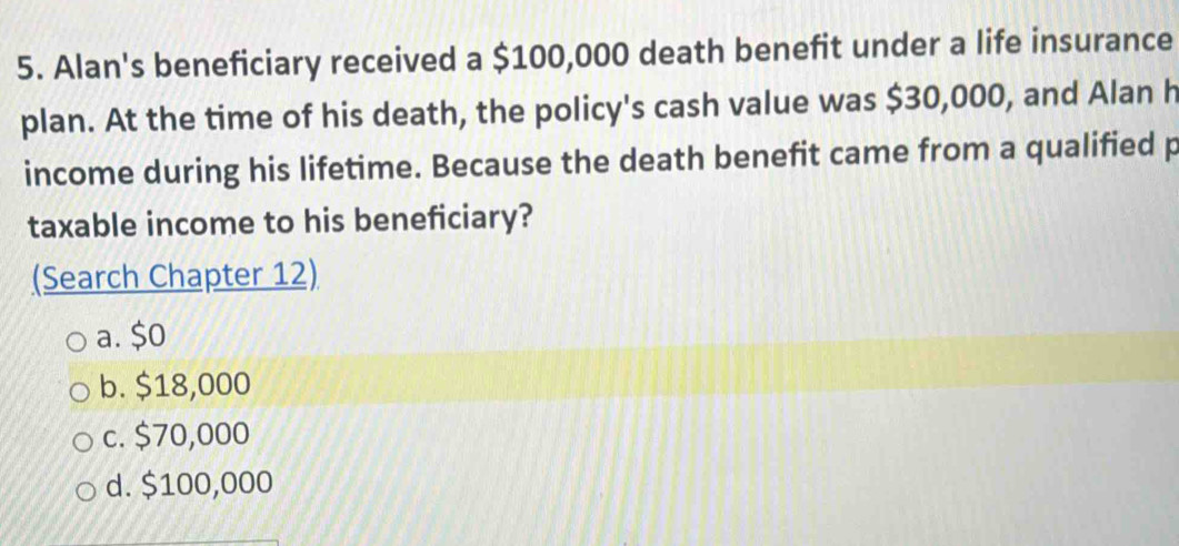 Solved: Alan's beneficiary received a $100,000 death benefit under a ...