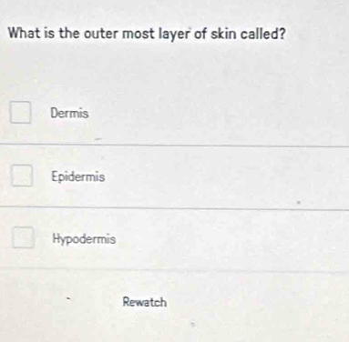 What is the outer most layer of skin called?
Dermis
Epidermis
Hypodermis
Rewatch