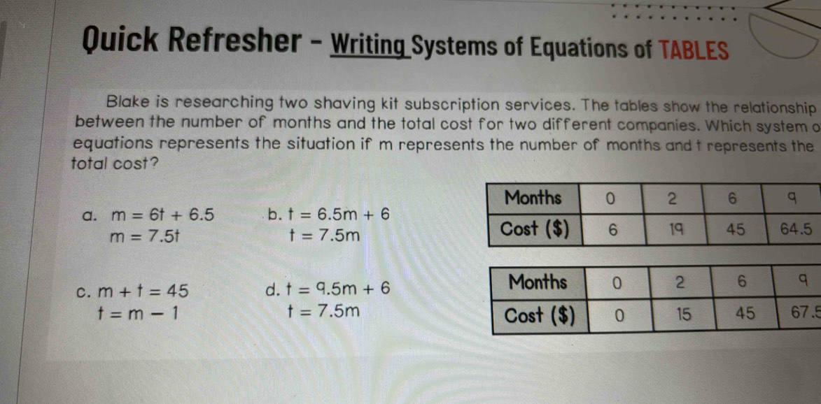 Quick Refresher - Writing Systems of Equations of TABLES
Blake is researching two shaving kit subscription services. The tables show the relationship
between the number of months and the total cost for two different companies. Which system o
equations represents the situation if m represents the number of months and t represents the
total cost?
a. m=6t+6.5 b. t=6.5m+6
m=7.5t
t=7.5m
C. m+t=45 d. t=9.5m+6
t=7.5m
t=m-1 5