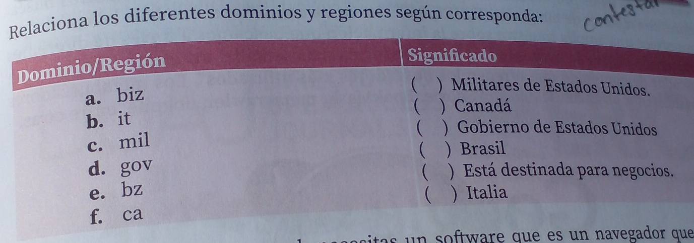 laciona los diferentes dominios y regiones según corresponda: 
ta ftware que es un navegador que