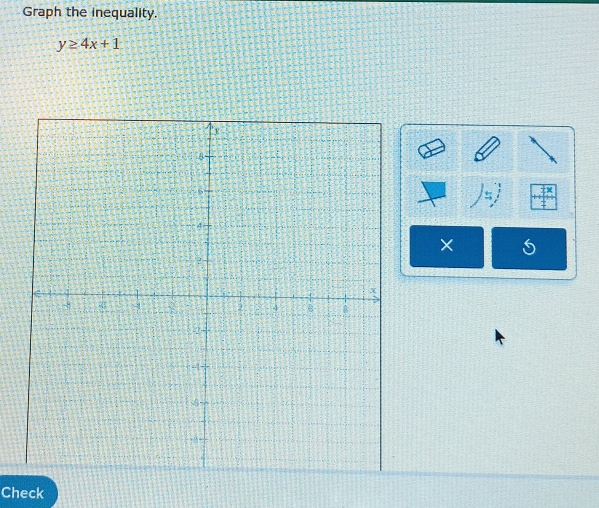 Graph the inequality.
y≥ 4x+1
× 
Check