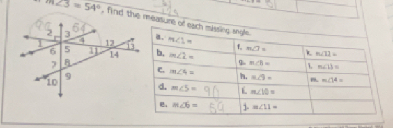 m∠ 3=54° , find the measur