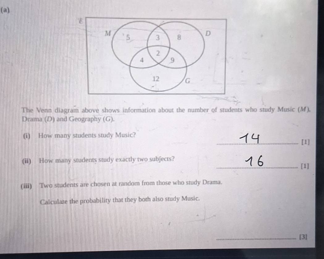 The Venn diagram above shows information about the number of students who study Music (M), 
Drama (D) and Geography (G). 
(i) How many students study Music? 
_[1] 
(ii) How many students study exactly two subjects? 
_[1] 
(iii) Two students are chosen at random from those who study Drama. 
Calculate the probability that they both also study Music. 
[3]