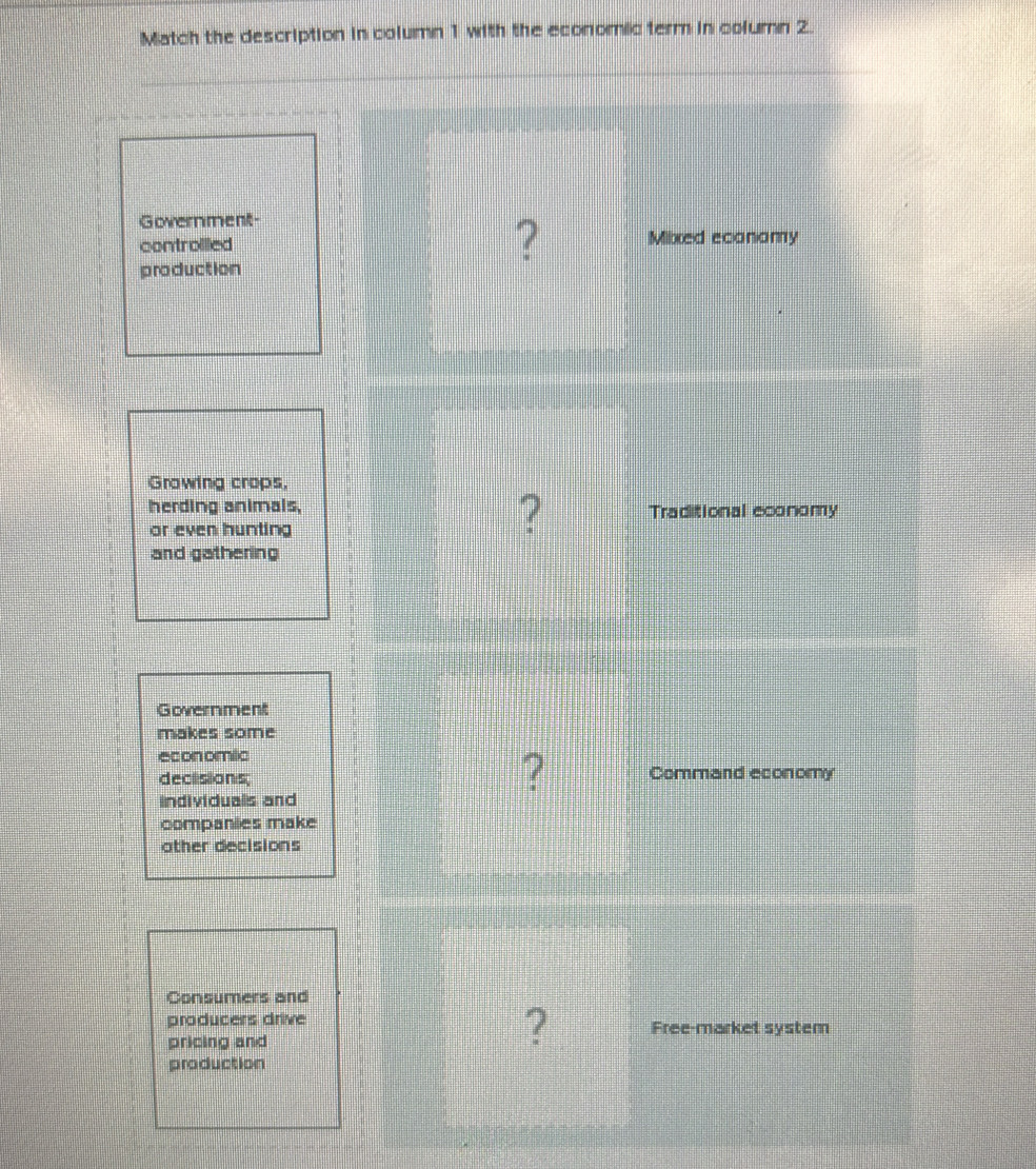 Match the description in column 1 with the economic term in column 2.
Government-
controilled ? Mixed economy
production
Grawing crops,
herding animals, Traditi onal economy
or even hunting
?
and gathering
Government
makes some
econ omilic
?
declisions; Command economy
individuals and
companies make
other decisions
Consumers and
producers drive Free-market system
pricing and
?
production