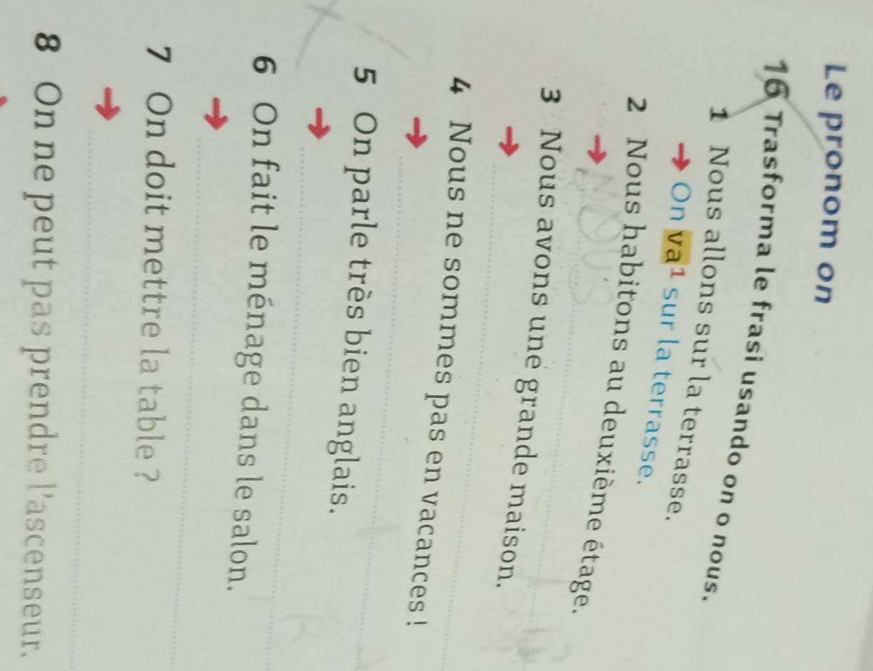 Le pronom on 
16 Trasforma le frasi usando on o nous. 
1 Nous allons sur la terrasse. 
On va1 sur la terrasse. 
2 Nous habitons au deuxième étage. 
3 Nous avons une grande maison. 
4 Nous ne sommes pas en vacances ! 
5 On parle très bien anglais. 
6 On fait le ménage dans le salon. 
7 On doit mettre la table ? 
8 On ne peut pas prendre l’ascenseur.