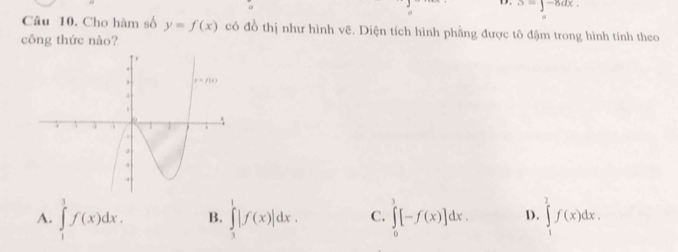 a
D. S=∈t _a-8dx.
a
Câu 10. Cho hàm số y=f(x) có đồ thị như hình vẽ. Diện tích hình phẳng được tô đậm trong hình tính theo
công thức nào?
A. ∈tlimits _1^3f(x)dx. ∈tlimits _3^1|f(x)|dx. C. ∈tlimits _0^1[-f(x)]dx. D. ∈tlimits _1^2f(x)dx.
B.